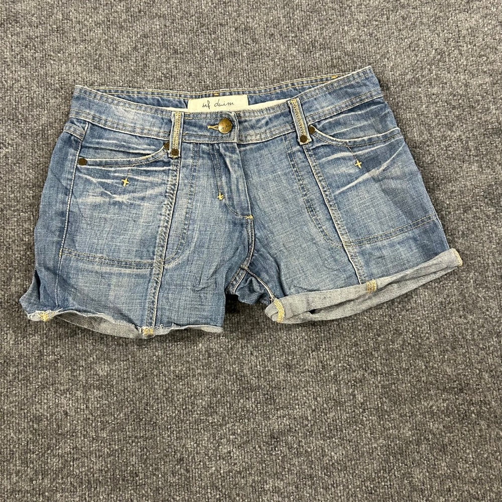 Zara TRF Denim Shorts Womens Size 8 Blue Cuffed Low Rise Embroidered Cross